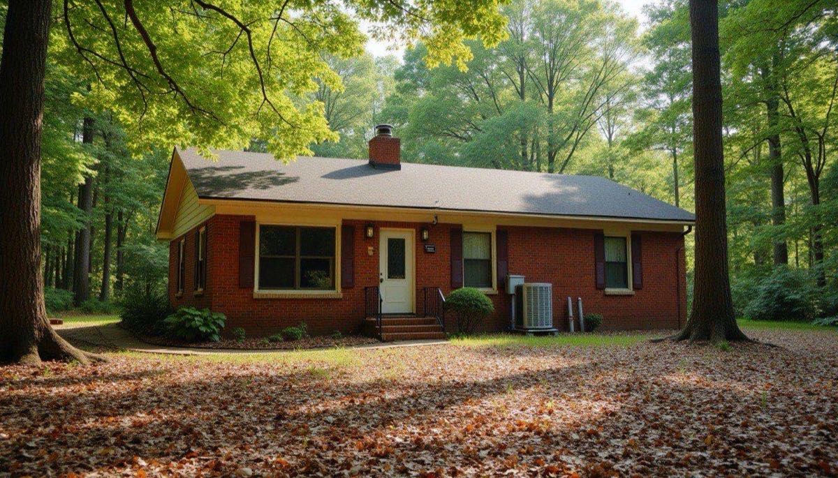 Modest brick home on a wooded lot near Brookwood with an outdoor AC condenser beside it and leaves on the ground