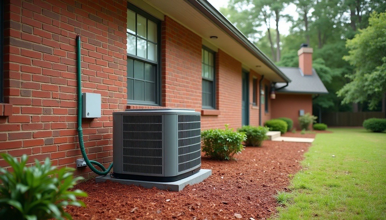 Newer one-story brick home with an outdoor AC condenser and a coiled garden hose beside it on a summer afternoon