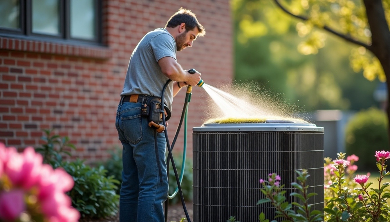 Technician rinsing a pollen-coated outdoor air conditioner coil with a garden hose beside a brick home, azaleas blooming nearby