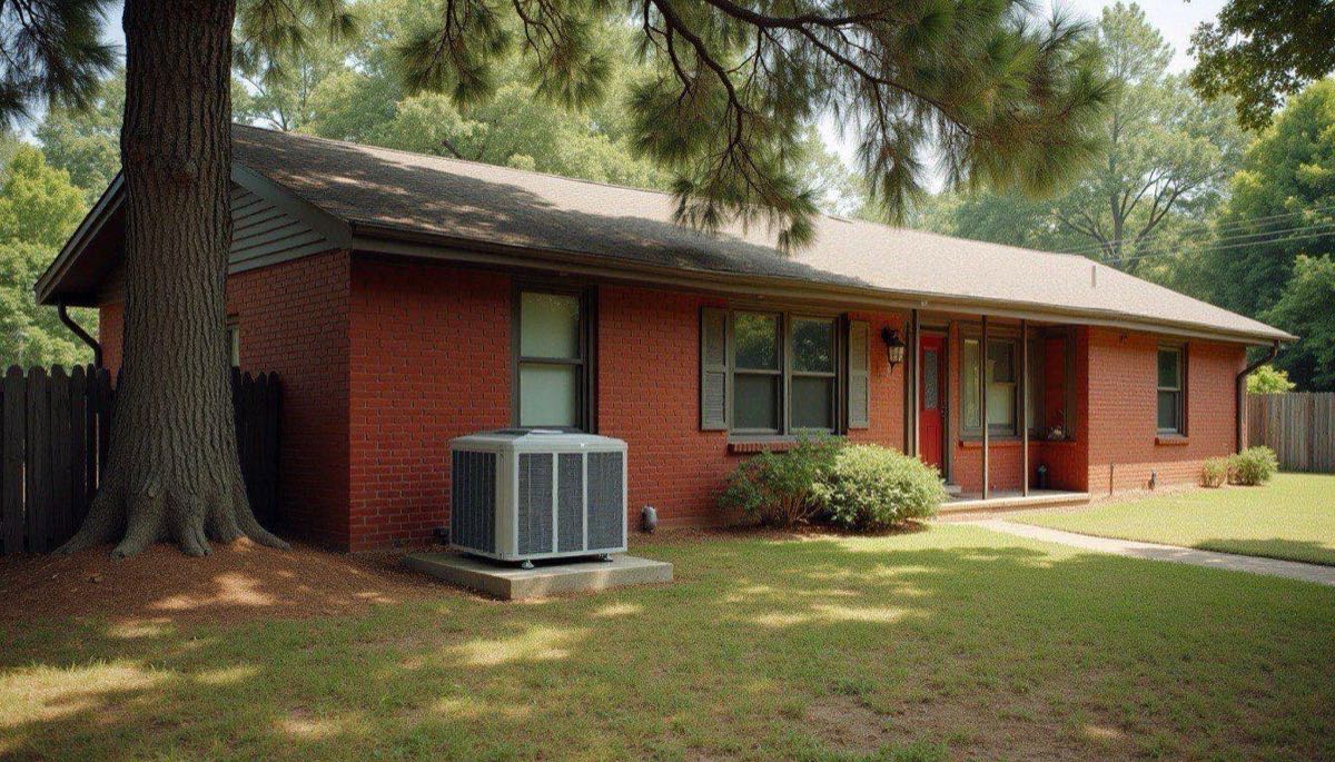 Brick ranch house in Cottondale with an outdoor AC unit on a concrete pad under a pine tree