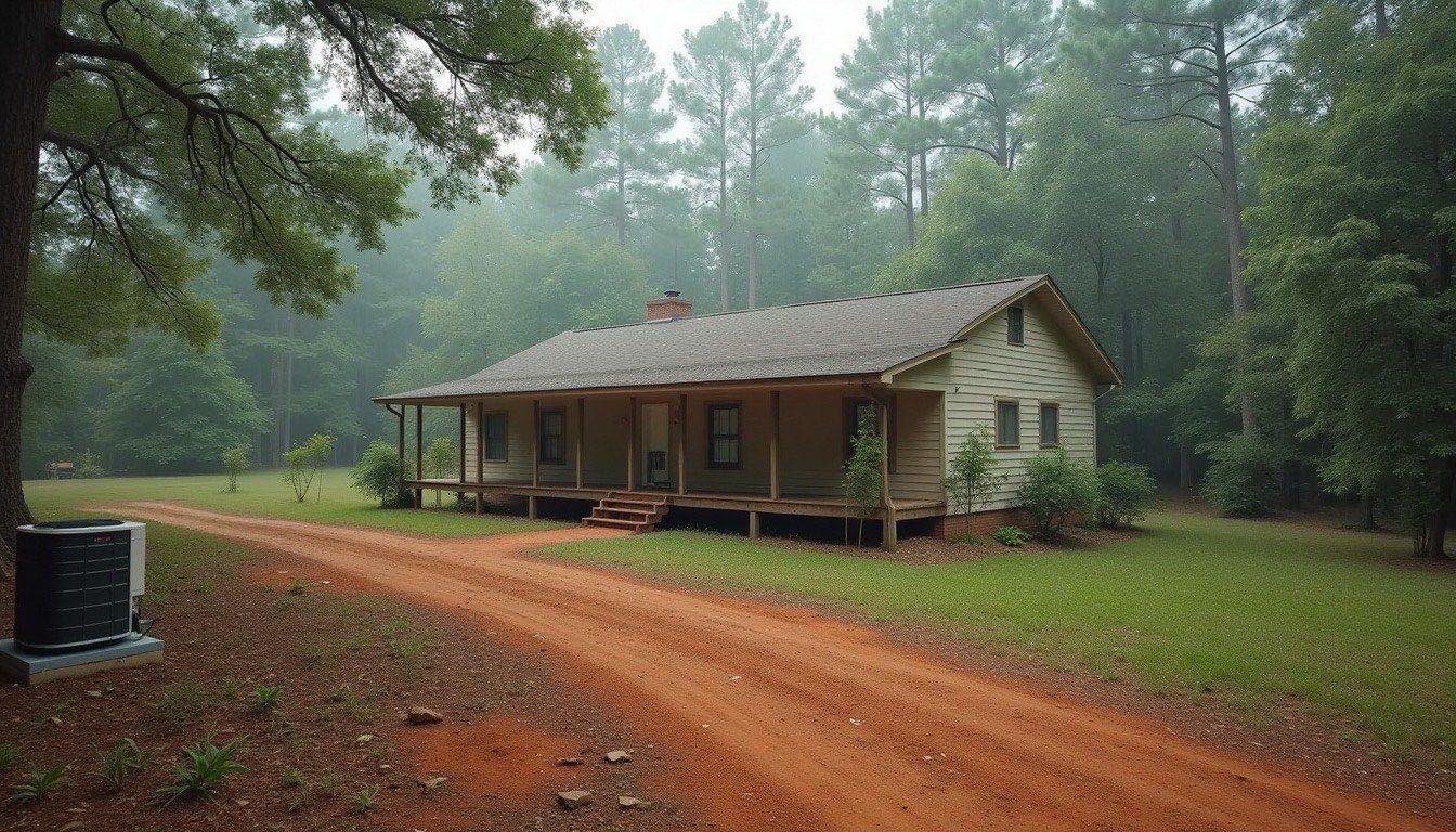 Rural home near Duncanville with a package HVAC unit beside it, a red clay driveway and pine trees