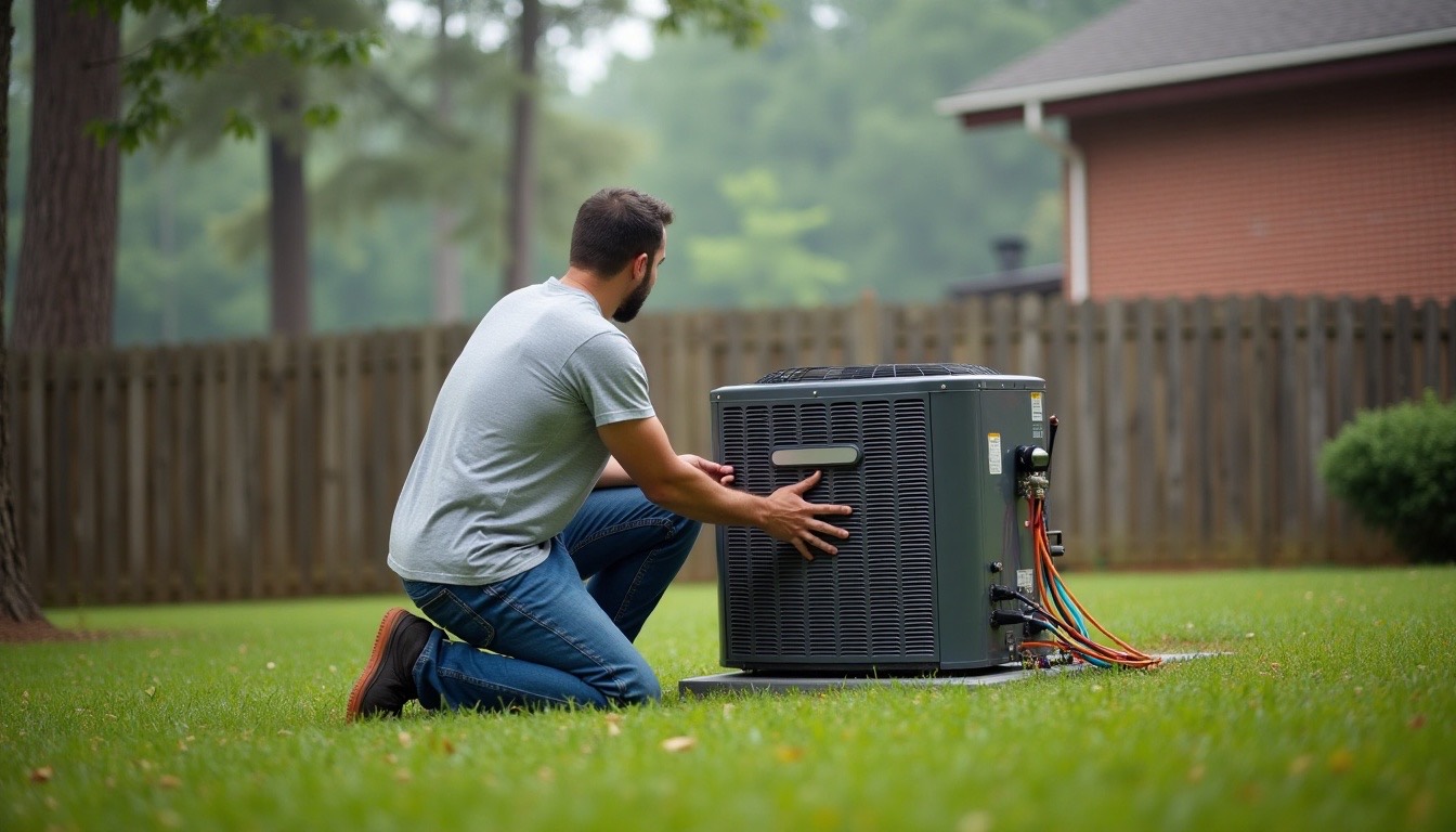 Technician kneeling at an outdoor air conditioner in a fenced back yard with hoses attached, a brick house and tall pines behind