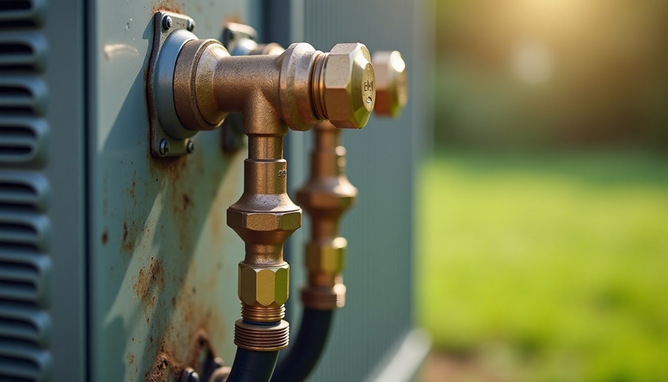 Close-up of the copper lines and brass service valves on the side of a weathered outdoor AC unit in morning light