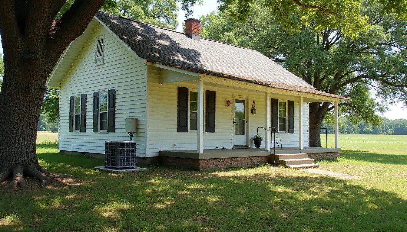 Older small-town house with a front porch and an outdoor AC unit beside it under shade trees on a hot day