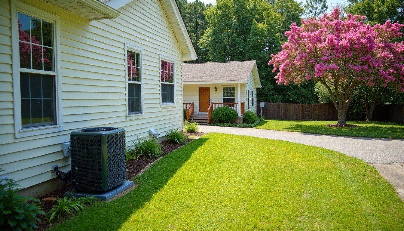 Vinyl-sided home on a curving Northport street with an outdoor AC condenser along the side and crepe myrtles in the yard