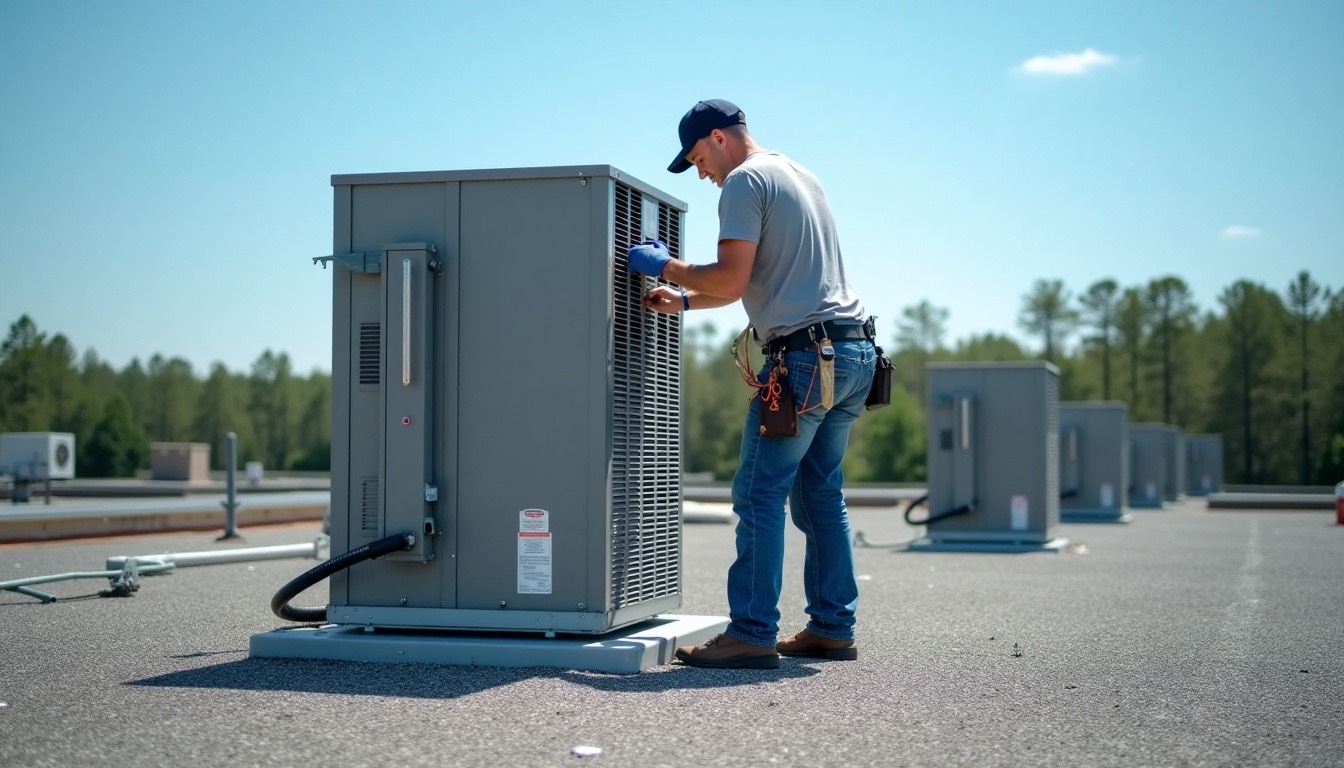 Technician servicing a rooftop heating and air unit with its access panel open on a flat-roof one-story commercial building under a clear sky