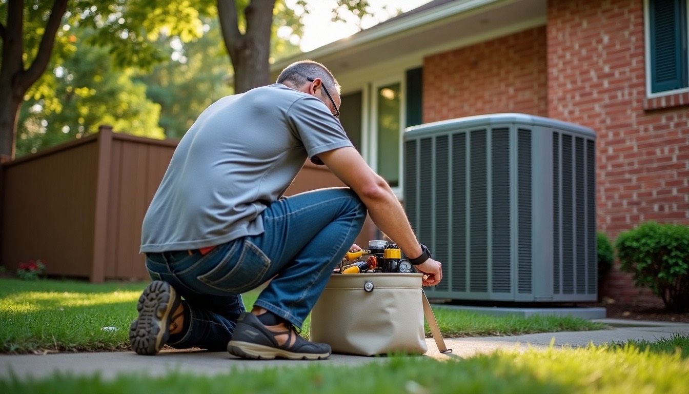 HVAC technician packing a vacuum pump and gauge set into a tool bag beside an outdoor AC unit at a brick home