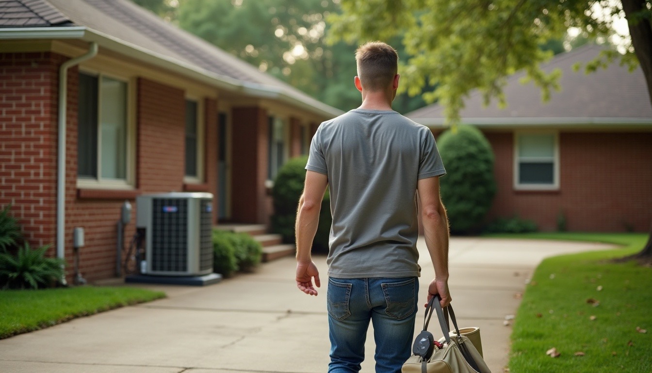 HVAC technician carrying a tool bag and refrigerant gauges up the driveway of a brick home, outdoor condenser beside the house