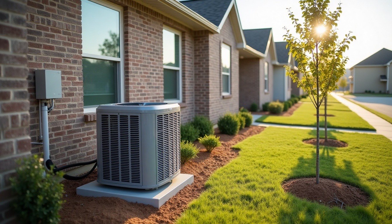 Newer brick and siding home in a Vance subdivision with a new outdoor AC unit on a pad and young trees in the yard